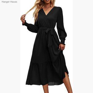 Long Sleeve Maxi Dress Flowy Boho Wrap V Neck Ruffle Hem A-Line